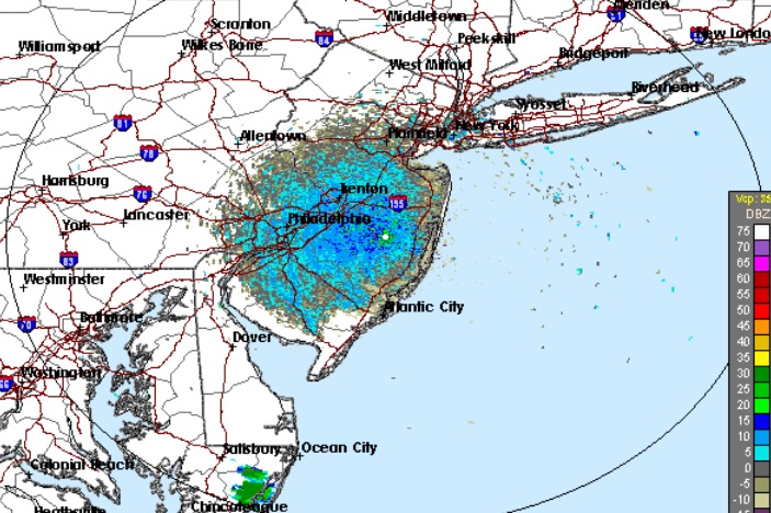A Doppler radar image from the National Weather Service in Mount Holly, N.J., shows a concentration of heavy rain and thunderstorms. (National Weather Service Doppler Radar Image)