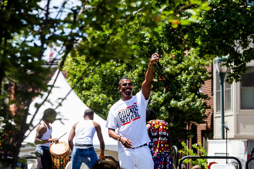2019 6 9- b larrison- philadelphia- annual odunde festival on south street-4 Host of the Odunde Festival Six King hypes up the crowd on South Street Sunday during the festival celebrating African and Carribean culture. (Brad Larrison for WHYY)