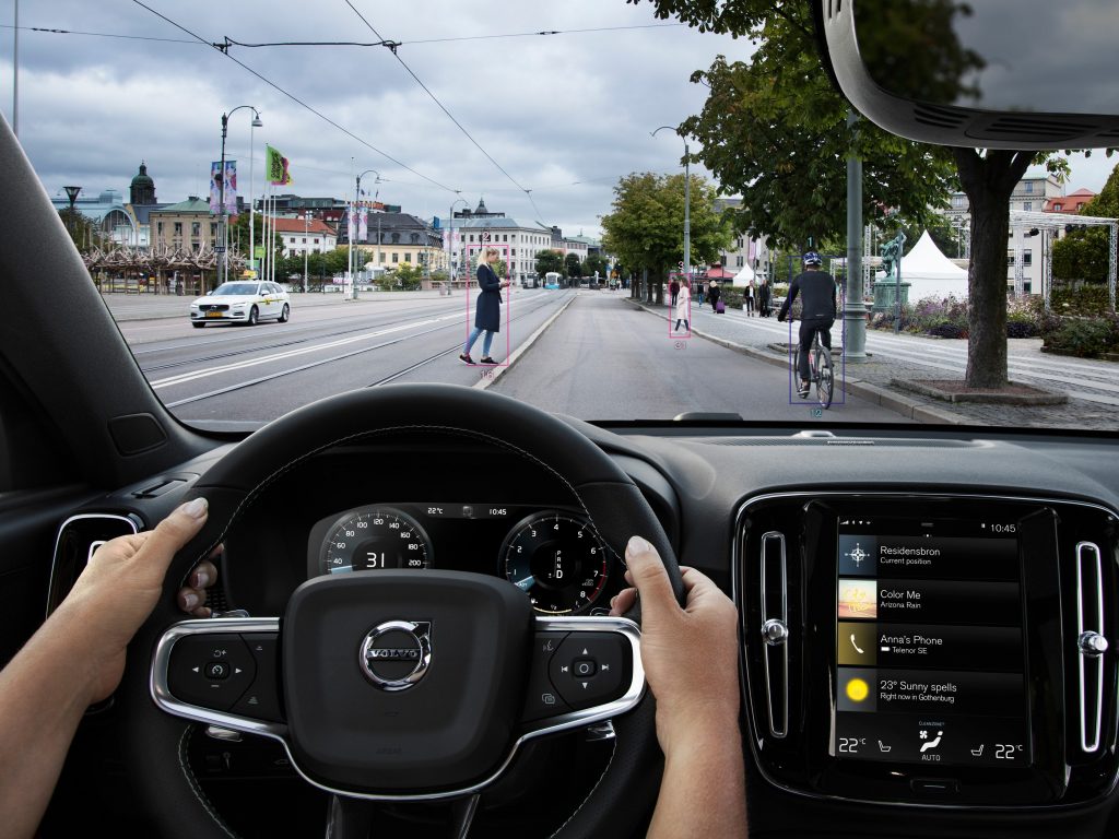 A photo demonstrates safety features in a Volvo XC40. Many new cars have optional features that can help prevent accidents. But those same features can also make repairs more expensive, boosting car insurance premiums. (Volvo Car Group)