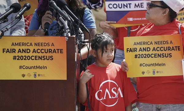 Immigration activists rally outside the Supreme Court as justices hear arguments over the Trump administration's plan to ask about citizenship on the 2020 census. (J. Scott Applewhite/AP Photo)