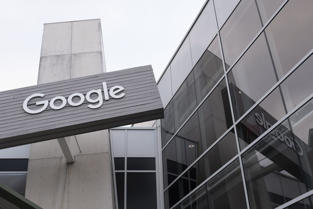 CA: Corporate logo in Silicon Valley Google logo is seen at its headquarters in Mountain View, California, United States on May 21, 2019. (Photo by Yichuan Cao/Sipa USA/Sipa via AP Images)