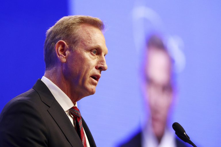 Acting U.S. Secretary of Defense Patrick Shanahan delivers his speech entitled 'The U.S. Vision for Indo-Pacific Security' during the first plenary session of the 18th International Institute for Strategic Studies (IISS) Shangri-la Dialogue, an annual defense and security forum in Asia, in Singapore, Saturday, June 1, 2019. (Yong Teck Lim/AP Photo)