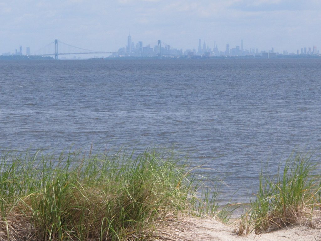 Northeast Gas Pipeline In this June 3, 2019 photo the New York City skyline is in the background of the Raritan Bay as seen from Middletown, N.J. New Jersey environmental officials are due to decide Wednesday, June 5 on key permits for a nearly $1 billion pipeline that would bring natural gas from Pennsylvania through New Jersey, out into Raritan Bay and into the ocean before reaching New York and Long Island. (Wayne Parry/AP Photo)