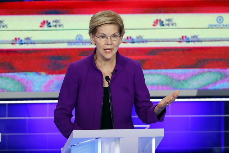 Democratic presidential candidate Sen. Elizabeth Warren, D-Mass., speaks during a Democratic primary debate hosted by NBC News at the Adrienne Arsht Center for the Performing Art, Wednesday, June 26, 2019, in Miami. (Wilfredo Lee/AP Photo)