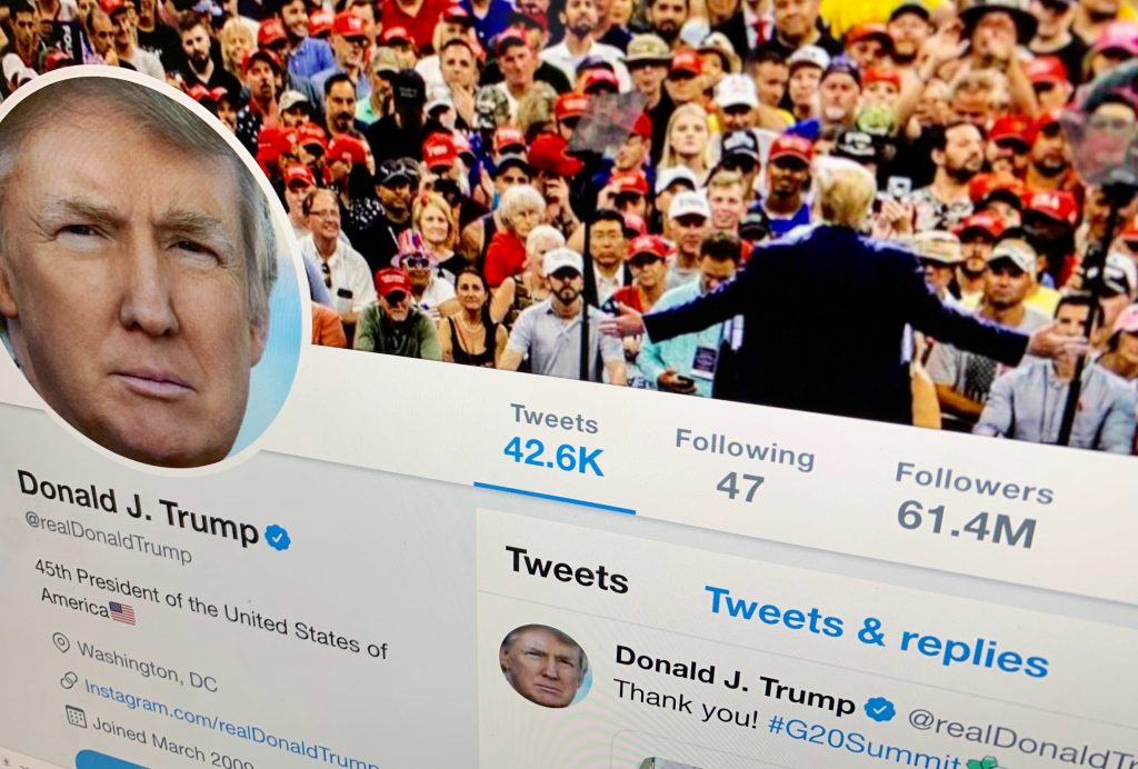 Trump Twitter Warning Labels The U.S. President Donald Trump's Twitter feed is shown on a computer screen on Thursday, June 27, 2019, in New York. President Donald Trump’s next tweet might come with a warning label. Starting Thursday tweets that Twitter deems in the public interest, but which violate the service’s rules, will be obscured by a warning explaining the violation. Users will have to tap through the warning to see the underlying message. (Jenny Kane/AP Photo)