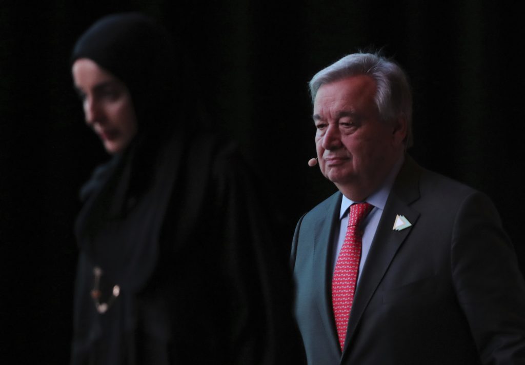 Antonio Guterres, Shamma Al Mazrim United Nations Secretary General Antonio Guterres, right, follows the UAE Youth Minister, Shamma Al Mazrim as they take the stage at the opening ceremony of the United Nations climate change summit in Abu Dhabi, United Arab Emirates, Sunday, June 30, 2019. (Kamran Jebreili/AP Photo)