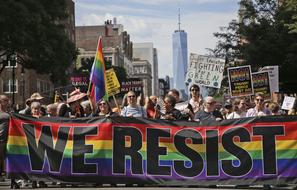 LGBTQ Pride Marchers participate in the Queer Liberation March in New York, Sunday, June 30, 2019. (Seth Wenig/AP Photo)
