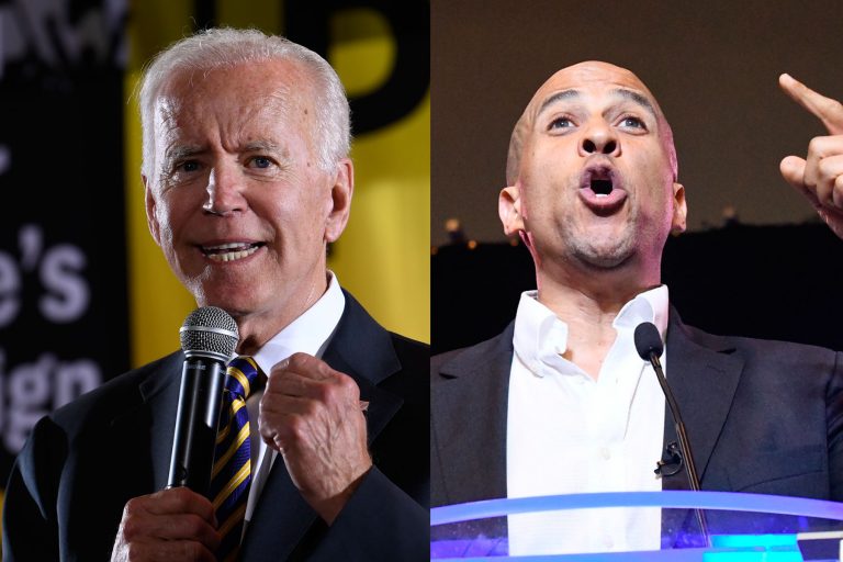 Democratic presidential candidate, former Vice President Joe Biden, (left), and Democratic presidential candidate New Jersey Sen. Cory Booker (Susan Walsh and Meg Kinnard/AP Photos)