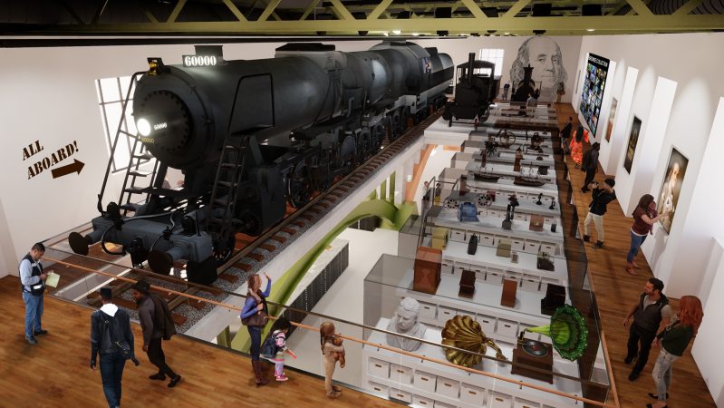 A redesign of the Franklin Institute's Train Factory exhibit will create new curatorial space and provide a glimpse into the curatorial process. (Courtesy of the Smith Group for the Franklin Institute)