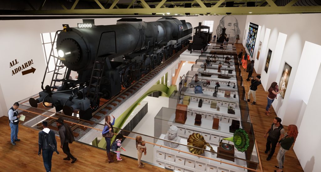 A redesign of the Franklin Institute's Train Factory exhibit will create new curatorial space and provide a glimpse into the curatorial process. (Rendering courtesy of the Smith Group for the Franklin Institute)
