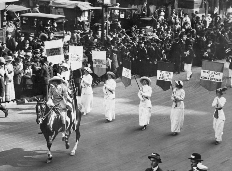 3rd May 1913:  Grand Marshal Inez Milholland Boissevain (1886 - 1916) leads a parade of 30,000 representives of the various Women's Suffrage associations through New York City. (Photo by Paul Thompson/Topical Press Agency/Getty Images)