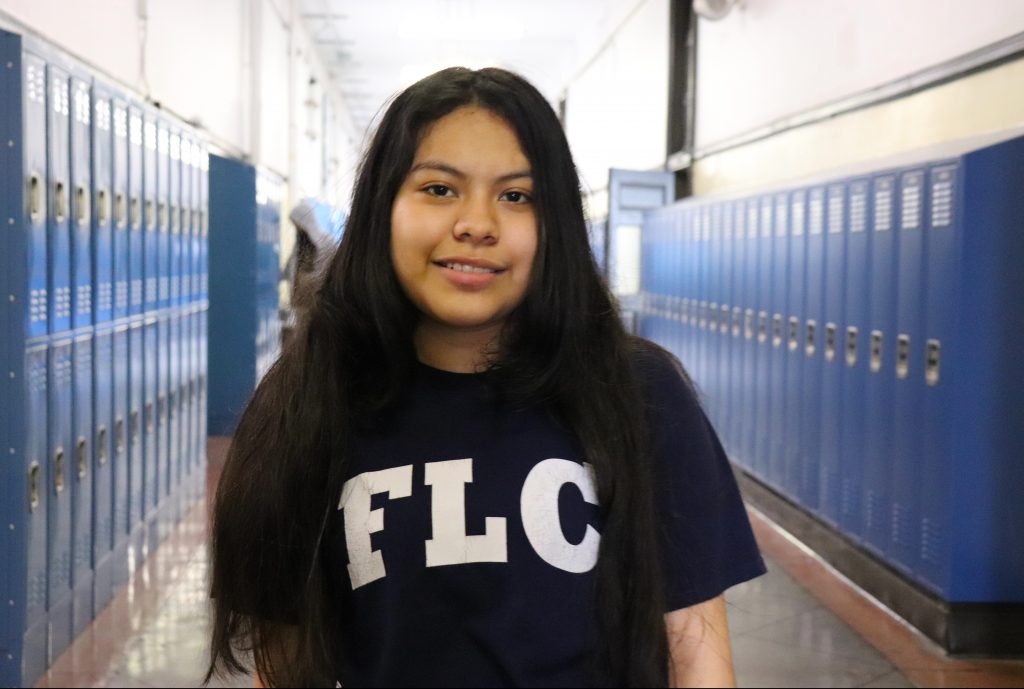 KeyriArtielleroinhallwayofFranklinLearningCenter Keyri Artillero, 14, stands in the hallway of Franklin Learning Center, right outside of La Puerta Abierta's meeting room.
(Elizabeth Estrada/WHYY)