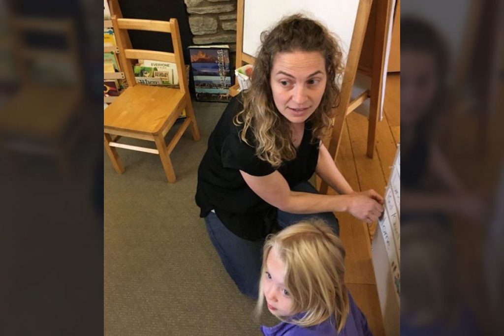 Cooperative Nursery School director Leah Corsover with a student. (Paul Jablow/The Notebook)