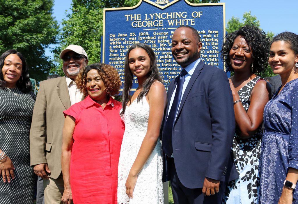 MARKER UNVEILING 3FB Savannah Shepherd (center) poses with members of the Delaware Legislative Black Caucus in front of The Lynching of George White Historical Marker after it was unveiled at Greenbank Park on June 23. Pictured are (from left) Rep. Melissa Minor-Brown, Rep. Frank Cooke, Rep. Stephanie T. Bolden, Shepherd, Sen. Darius Brown, Rep. Kendra Johnson, and Sen. Elizabeth “Tizzy” Lockman (Scott Goss/Delaware Senate Majority Caucus)