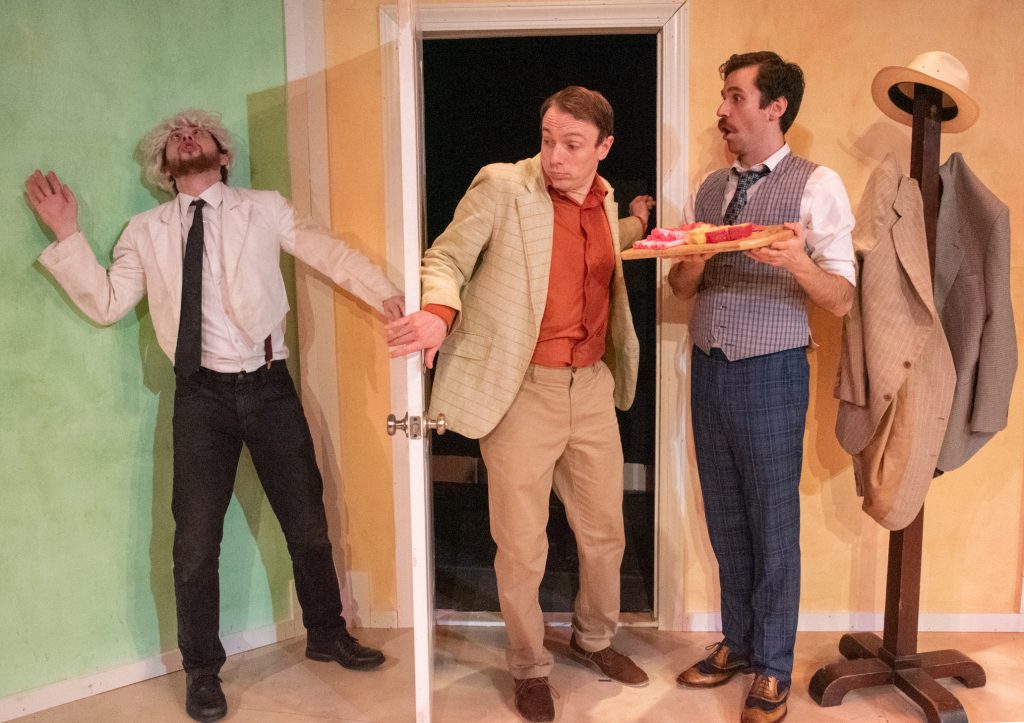 One Man, Two Guvnors art In Quintessence Theatre Group's production of 'One Man, Two Guvnors,' (from left) Desmond Confoy, Jered McLenigan and Sean Close. (Courtesy of Linda Johnson)