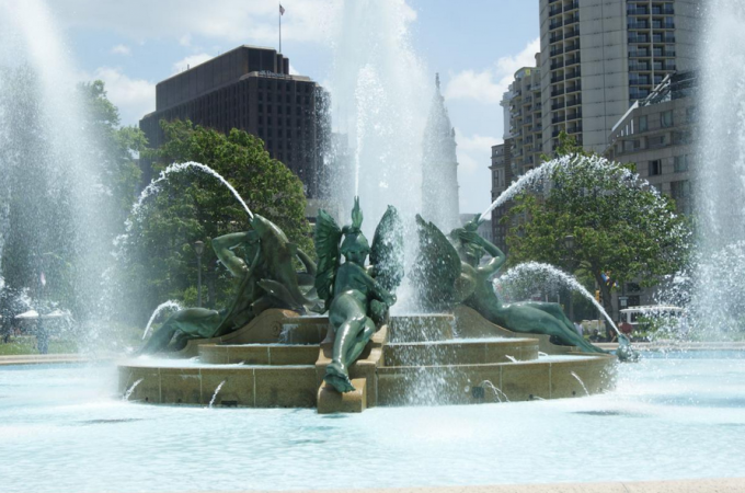 On hot summer days, Philadelphia's Swann Memorial Fountain, also known as ''The Fountain of Three Rivers,'' serves as a favorite oasis for city residents and visitors. The fountain's three main figures, sculpted by Alexander Stirling Calder, represent the city's major waterways, the Delaware, Schuylkill and Wissahickon rivers (Association for Public Art)