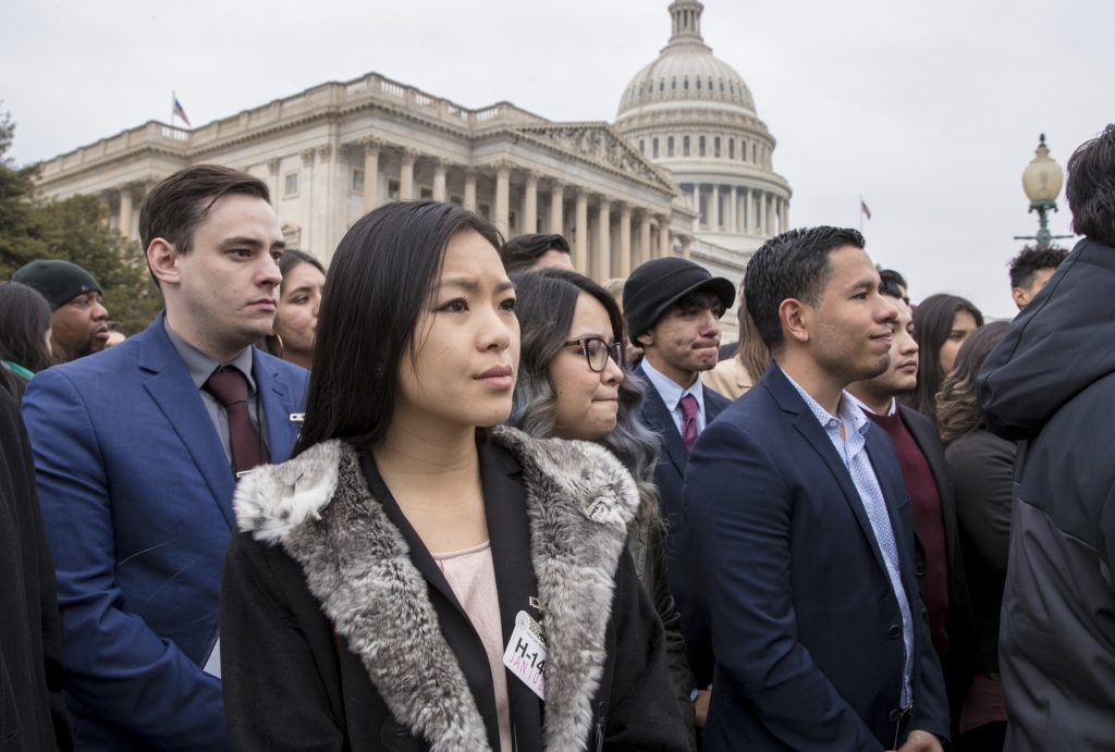 People brought to the U.S. illegally as children, known as “Dreamers,” and other supporters of the Deferred Action for Childhood Arrivals program, listen as lawmakers speak at the U.S. Capitol. People brought to the U.S. illegally as children, known as