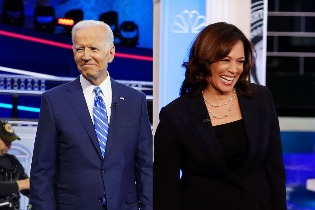 biden-harris Former Vice President Joe Biden and Sen. Kamala Harris, D-Calif. stand on the stage before the start of a Democratic primary debate, Thursday, June 27, 2019, in Miami. (Alberto E. Tamargo/Sipa USA/Sipa via AP Images and Wilfredo Lee/AP Photo)