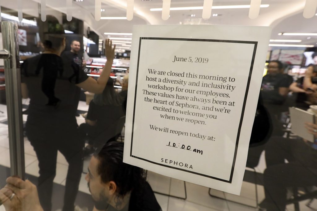 Sephora closiedng its U.S. stores for an hour Wednesday, June 5, 2019. to host inclusion workshops for its employees. (AP Photo/Richard Drew)