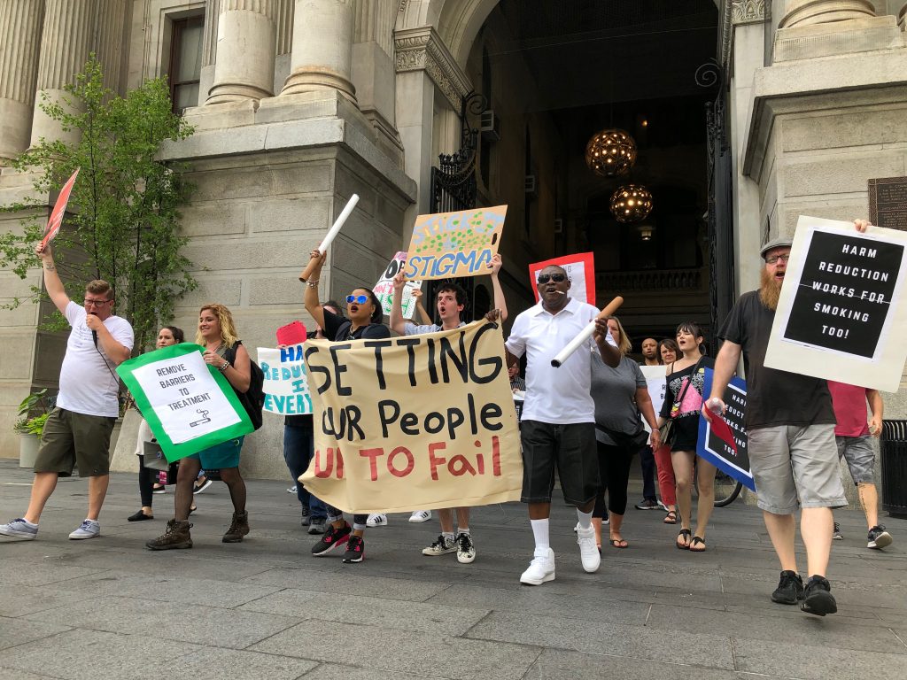 file2 Protesters gathered at city hall opposing the city's smoking ban in inpatient addiction treatment facilities (Nina Feldman/WHYY)
