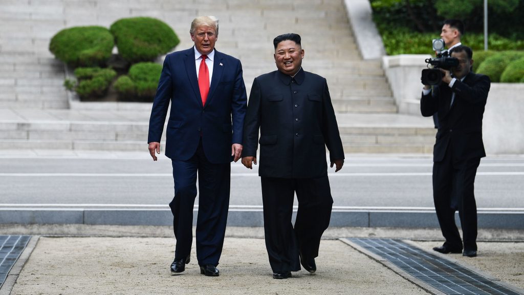 North Korea’s leader Kim Jong Un walks with President Trump north of the Military Demarcation Line that divides North and South Korea, in the Joint Security Area (JSA) of Panmunjom in the Demilitarized zone (DMZ) on Sunday. North Korea's leader Kim Jong Un walks with President Trump north of the Military Demarcation Line that divides North and South Korea, in the Joint Security Area (JSA) of Panmunjom in the Demilitarized zone (DMZ) on Sunday. (Brendan Smialowski/AFP/Getty Images)
