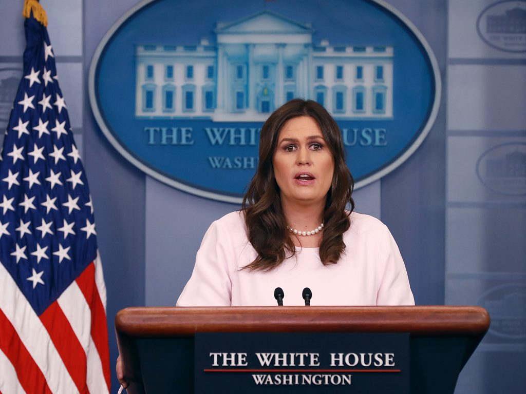 White House press secretary Sarah Sanders conducts a news briefing at the White House in April 2018. (Chip Somodevilla/Getty Images)
