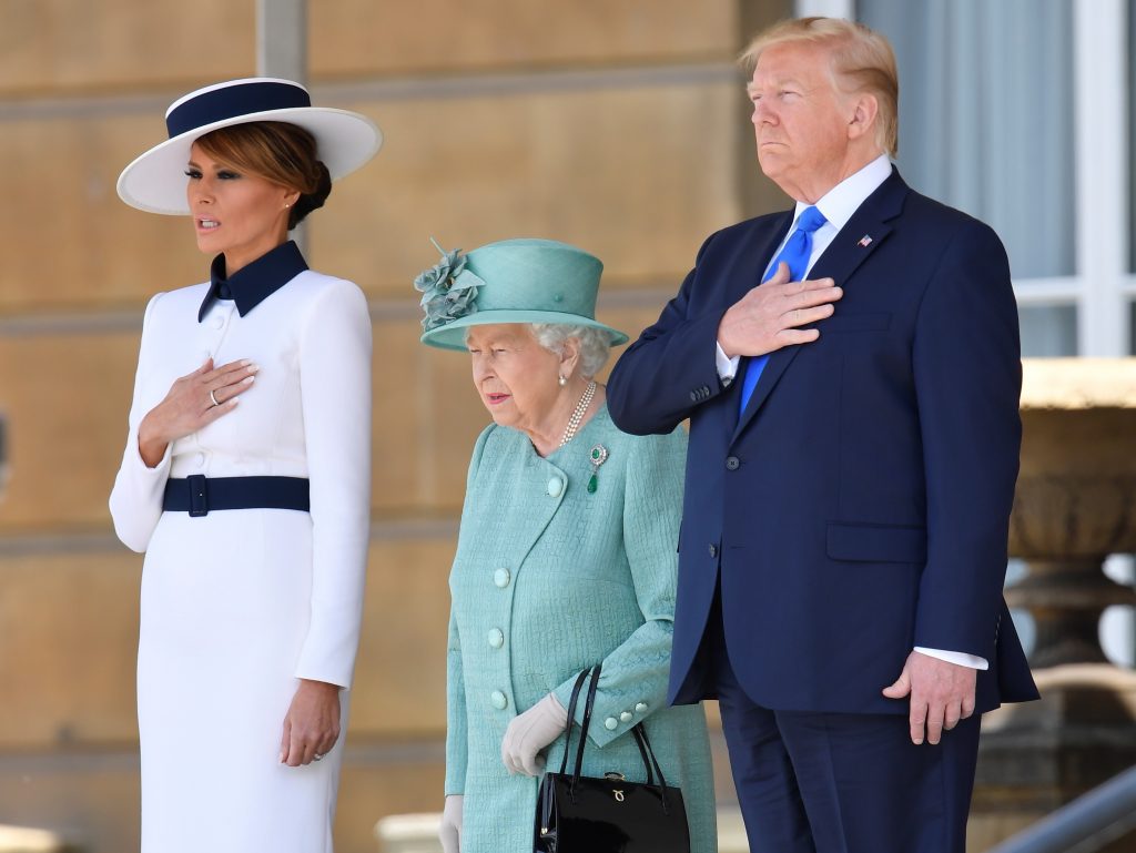 President Trump and first lady Melania Trump were welcomed to the U.K. by Queen Elizabeth II in a ceremony Monday at Buckingham Palace. President Trump and first lady Melania Trump were welcomed to the U.K. by Queen Elizabeth II in a ceremony Monday at Buckingham Palace. (Toby Melville/Reuters)