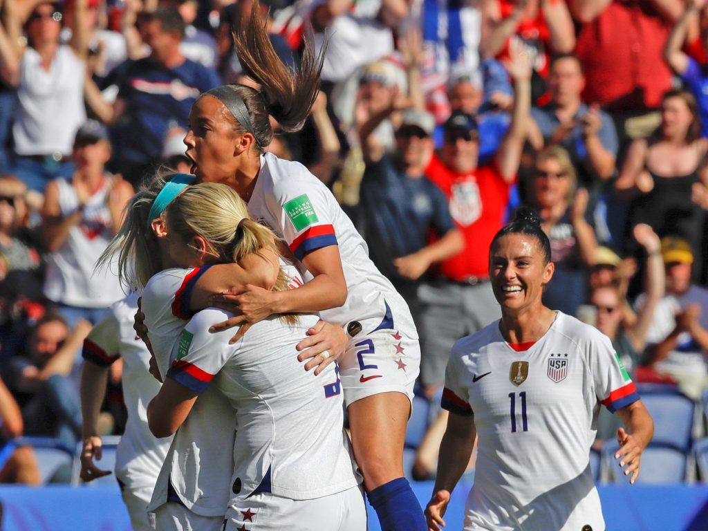 U.S. players celebrate after teammate Julie Ertz scored their side’s second goal during the Women’s World Cup Group F soccer match between United States and Chile at Parc des Princes in Paris, France on Sunday. U.S. players celebrate after teammate Julie Ertz scored their side's second goal during the Women's World Cup Group F soccer match between United States and Chile at Parc des Princes in Paris, France on Sunday. (Alessandra Tarantino/AP Photo)