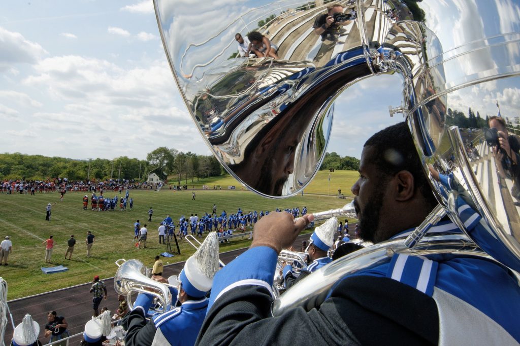 2015.09.05 – Lincoln/Cheyney Foorball – BS0980 Members of the Cheyney University marching band play in the stands during a football game against Lincoln University. (Bastiaan Slabbers for WHYY)