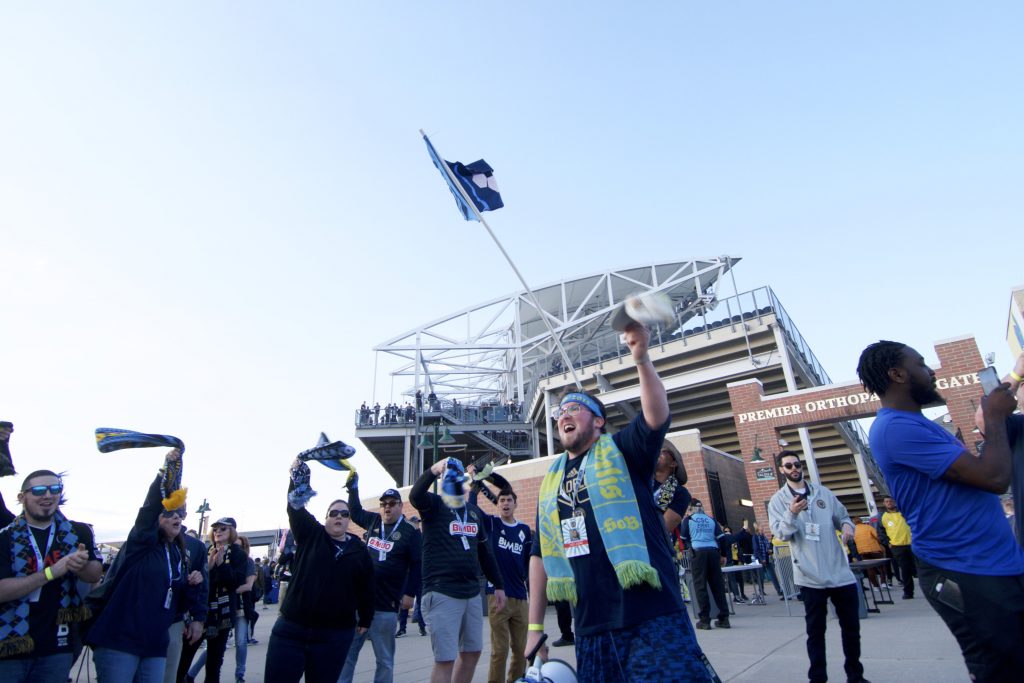 Philadelphia Uniion vs FC Dallas Erick Jusino, of Philadelphia leads a chant on the bullhorn at the Philadelphia Union home game against FC Dallas at Talen Energy Stadium, in Chester, Pennsylvania, on April 6, 2019. (Bastiaan Slabbers for WHYY)