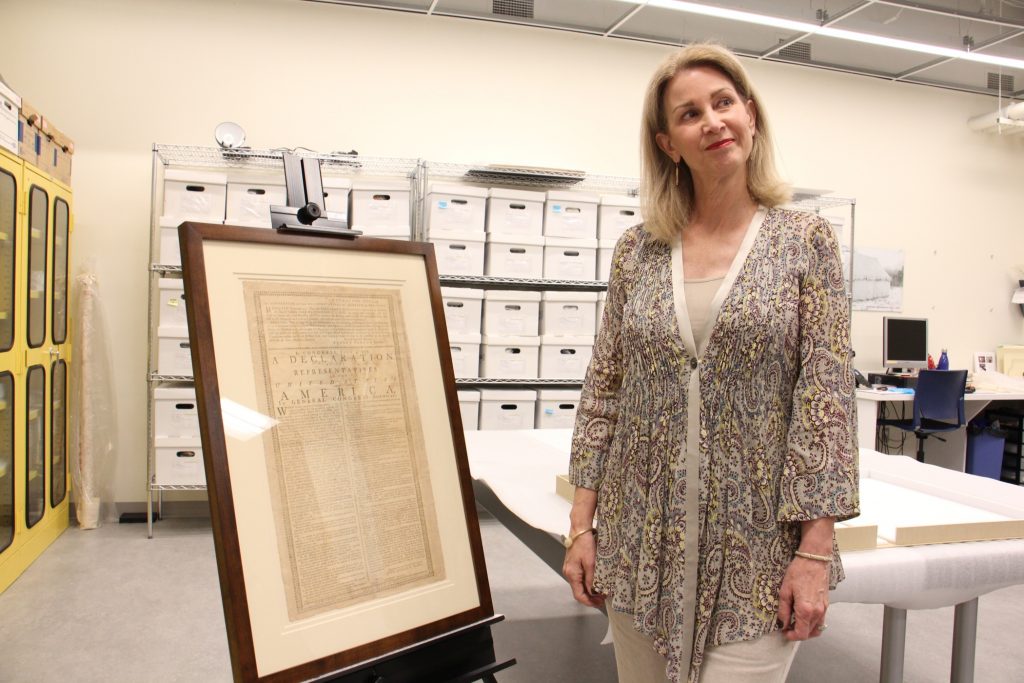 2019 06 17-e lee-holly kinyon-philadelphia museum of the american revolution-declaration of independence Holly Kinyon, a descendent of John Witherspoon, recently purchased a first printing of the Declaration of Independence and has loaned it to the Museum of the American Revolution. (Emma Lee/WHYY)