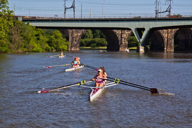 Girls 19 years old and under participate in the Mid-Atlantic U.S. Olympic Development Program program on the Schuylkill in Philadelphia. (Kimberly Paynter/WHYY)