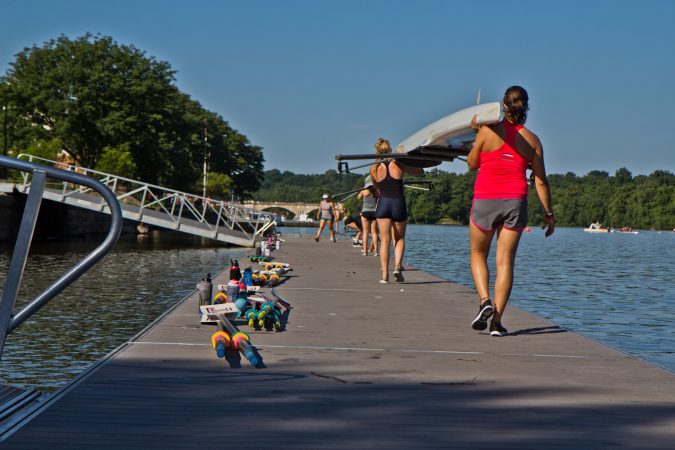 Young rowers 19 years and under participate in the Mid-Atlantic U.S. Olympic Development Program program on the Schuylkill in Philadelphia. (Kimberly Paynter/WHYY)