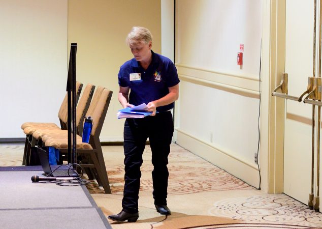 Marilyn Zip Warmerdam prepares to be the caller for a tip at a Center City hotel ballroom during the 36th annual LGBT Square Dance Convention. (Bastiaan Slabbers for WHYY)