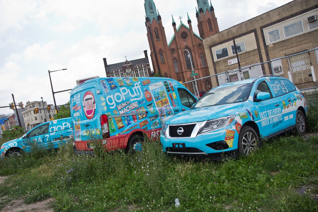 2019 07 05 k paynter go puff A small fleet of goPuff delivery vehicles, parked outside their Philadelphia headquarters. (Kimberly Paynter/WHYY)