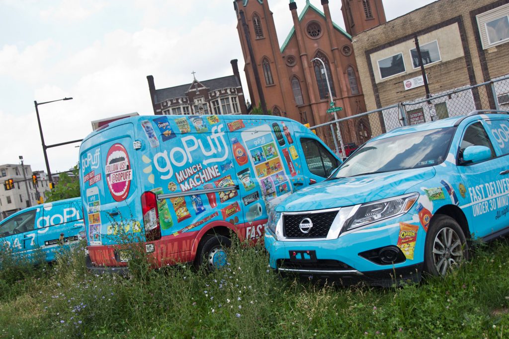 2019 07 05 k paynter go puffcrop A small fleet of GoPuff delivery vehicles, parked outside their Philadelphia headquarters. (Kimberly Paynter/WHYY)