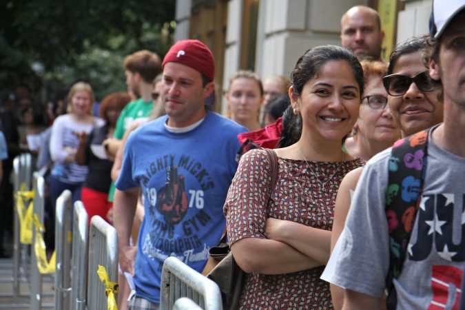 Hundreds line up outside the Forrest Theatre on Walnut Street for a chance to get tickets for 