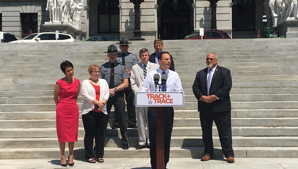 25shapiro_cropped Shapiro and supporters of his Track and Trace initiative on the state Capitol steps Thursday. (Katie Meyer/WITF)