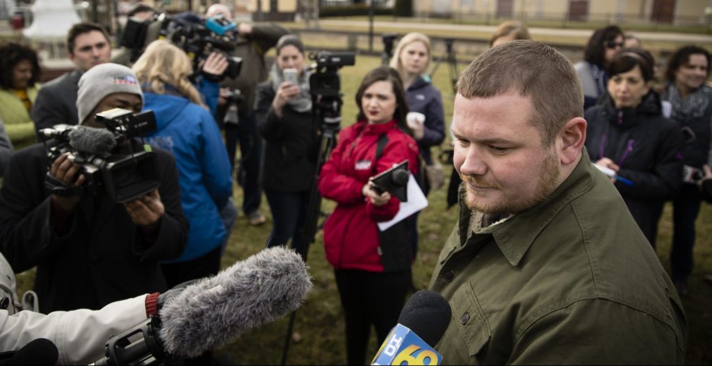 AP_19004697615244-e1562175312920-1920×989 In this file photo, Tamaqua Area School Board member Nicholas Boyle speaks in support of arming teachers and other school employees, to members of the media after a news conference in Tamaqua, Pa., Friday, Jan. 4, 2019. (Matt Rourke/AP Photo)