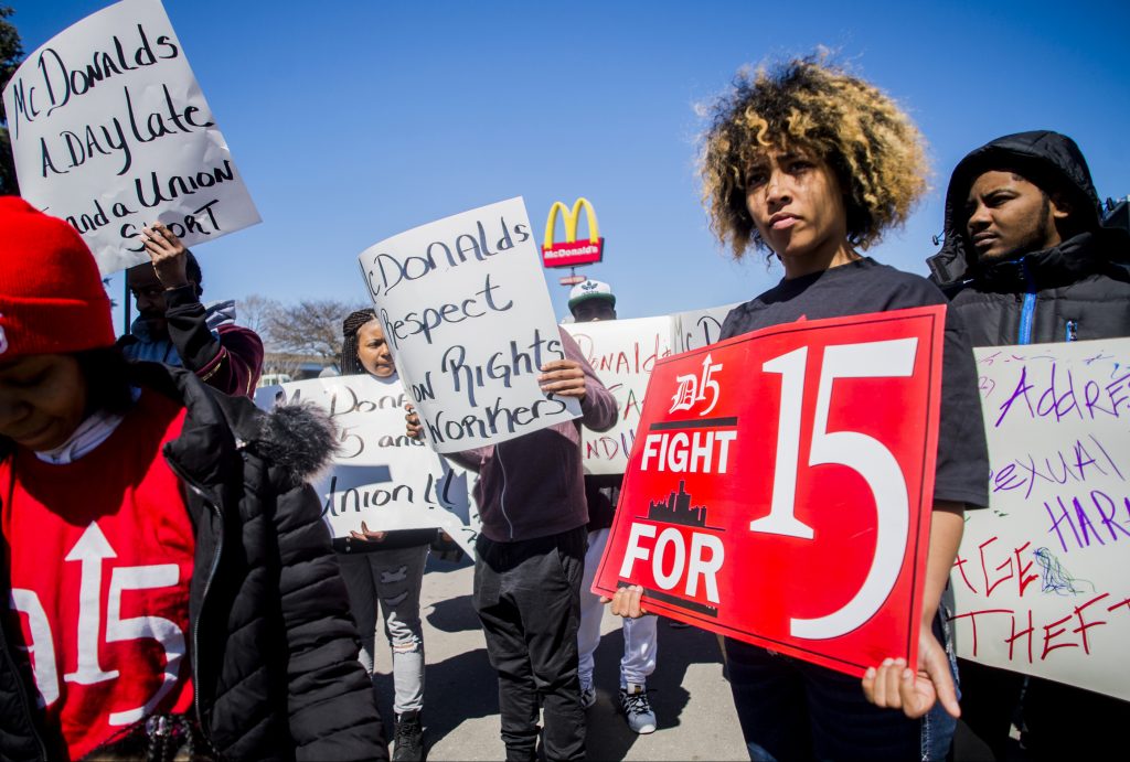 Minimum Wage Protest Rally for a $15 minimum wage a rally at McDonald's in the 1500 block of W. Stewart Avenue in Flint, Michigan. (Jake May/The Flint Journal via AP)