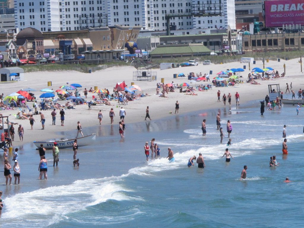 Beach Access Aerial view of beachgoers on the shoreline of Atlantic City, N.J.