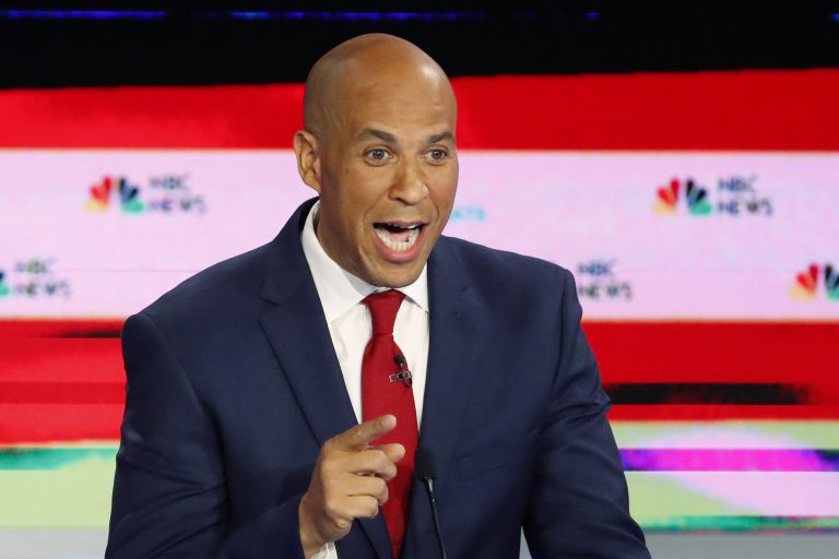 In this June 26, 2019 photo, Democratic presidential candidate Sen. Cory Booker, D-N.J., speaks during a Democratic primary debate hosted by NBC News at the Adrienne Arsht Center for the Performing Art, in Miami.  (Wilfredo Lee/AP Photo)