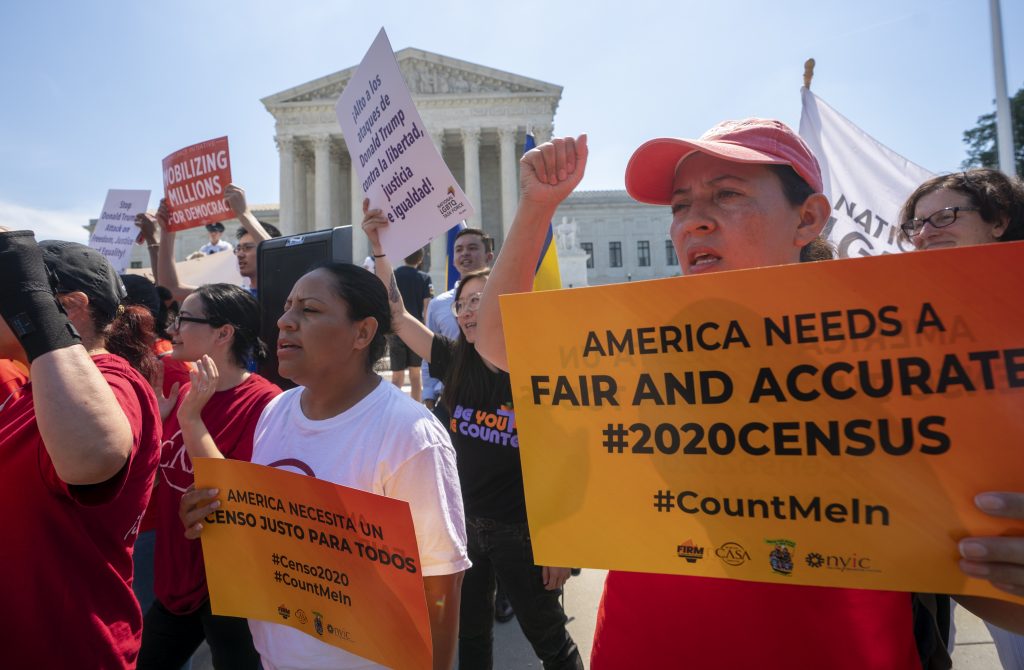 Census Citizenship Question In this June 27, 2019, file photo, Demonstrators gather at the Supreme Court as the justices finish the term with key decisions on gerrymandering and a census case involving an attempt by the Trump administration to ask everyone about their citizenship status in the 2020 census, on Capitol Hill in Washington. The Justice Department said Tuesday that the 2020 Census is moving ahead without a question about citizenship. (J. Scott Applewhite/AP Photo, File)