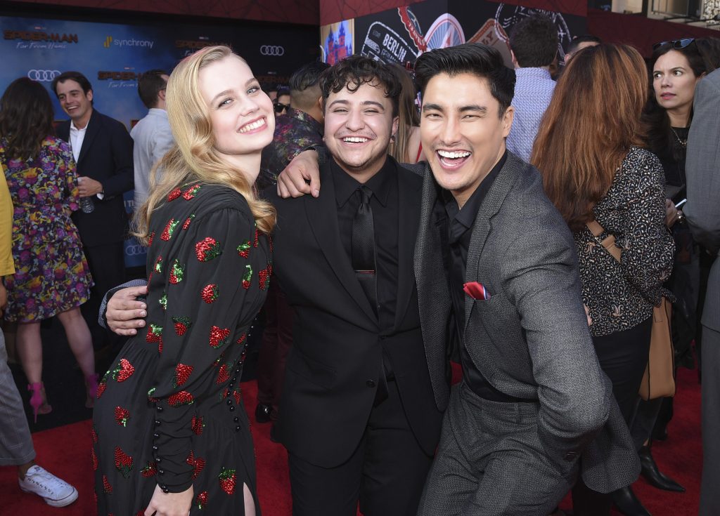 World Premiere of Columbia Pictures’ “Spider-Man: Far From Home” at the TCL Chinese Theatre, Hollywood, CA, USA – 26 June 2019 This June 26, 2019 photo released by Sony Pictures shows, from left, Angourie Rice, Zach Barack and Remy Hii at the world premiere of