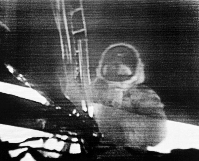 In this July 20, 1969 image made from television, Apollo 11 astronaut Neil Armstrong steps onto the surface of the moon. Millions on Earth who gathered around the TV and radio heard Armstrong say this: “That's one small step for man, one giant leap for mankind.” But after returning from space, he immediately insisted that he had been misquoted. He said there was a lost word in his famous one-liner from the moon: “That's one small step for ‘a' man.