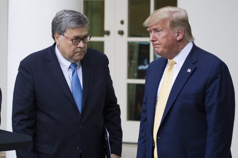 Attorney General William Barr, left, and President Donald Trump turn to leave after speaking about the 2020 census in the Rose Garden of the White House, Thursday, July 11, 2019, in Washington. (Alex Brandon/AP Photo)