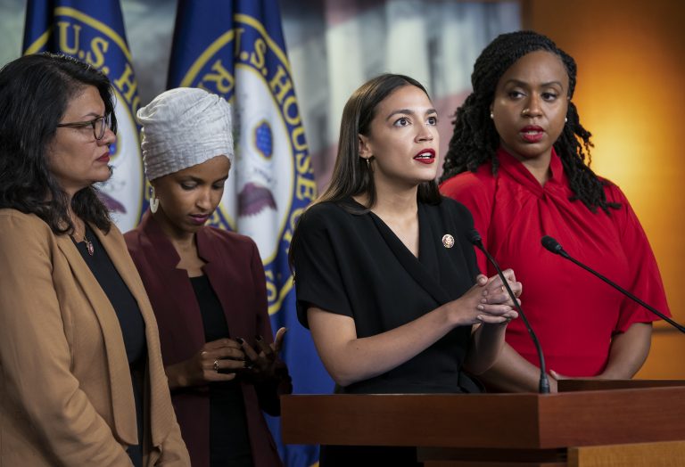 From left, Rep. Rashida Tlaib, D-Mich., Rep. Ilhan Omar, D-Minn., Rep. Alexandria Ocasio-Cortez, D-N.Y., and Rep. Ayanna Pressley, D-Mass., respond to remarks by President Donald Trump after his call for the four Democratic congresswomen to go back to their 