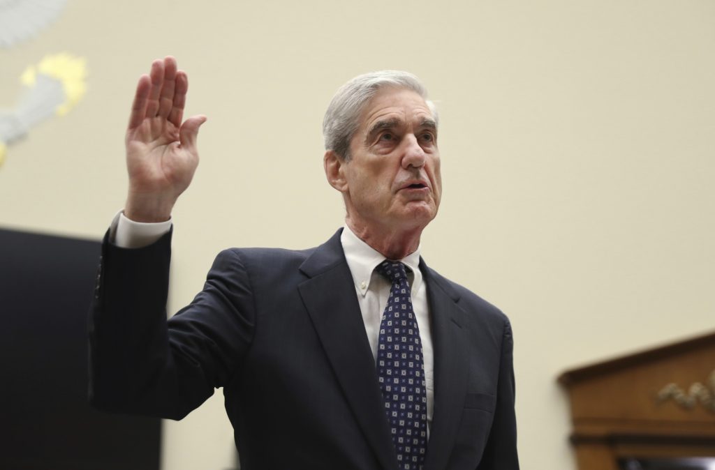 APTOPIX Trump Russia Probe Former special counsel Robert Mueller, is sworn in before he testifies before the House Judiciary Committee hearing on his report on Russian election interference, on Capitol Hill, in Washington, Wednesday, July 24, 2019. (AP Photo/Andrew Harnik)