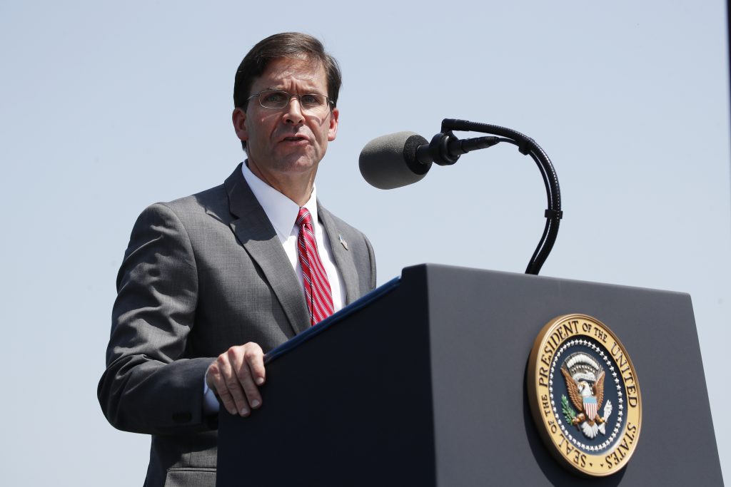 Donald Trump, Mark Esper, Mike Pence, Joseph Dunford Secretary of Defense Mark Esper speaks during a full honors welcoming ceremony for him at the Pentagon, Thursday, July 25, 2019, in Washington. President Donald Trump attended the ceremony. (Alex Brandon/AP Photo)