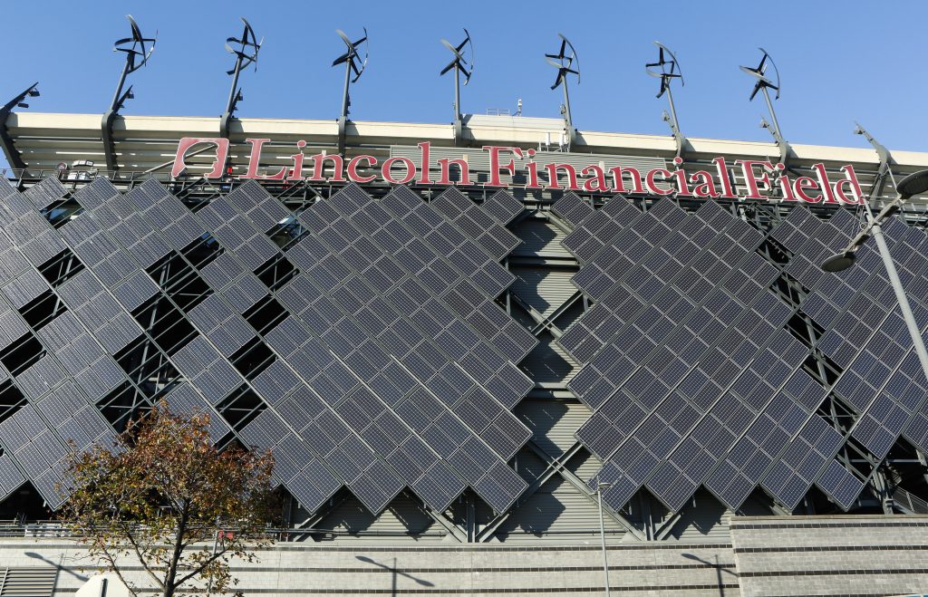 NRG Media Charity Flag Football Game Micro-wind turbines and solar panels installed at Lincoln Financial Field in Philadelphia are pictured Wednesday, November 19, 2014. (Mark Stehle/Invision for NRG/AP Images)